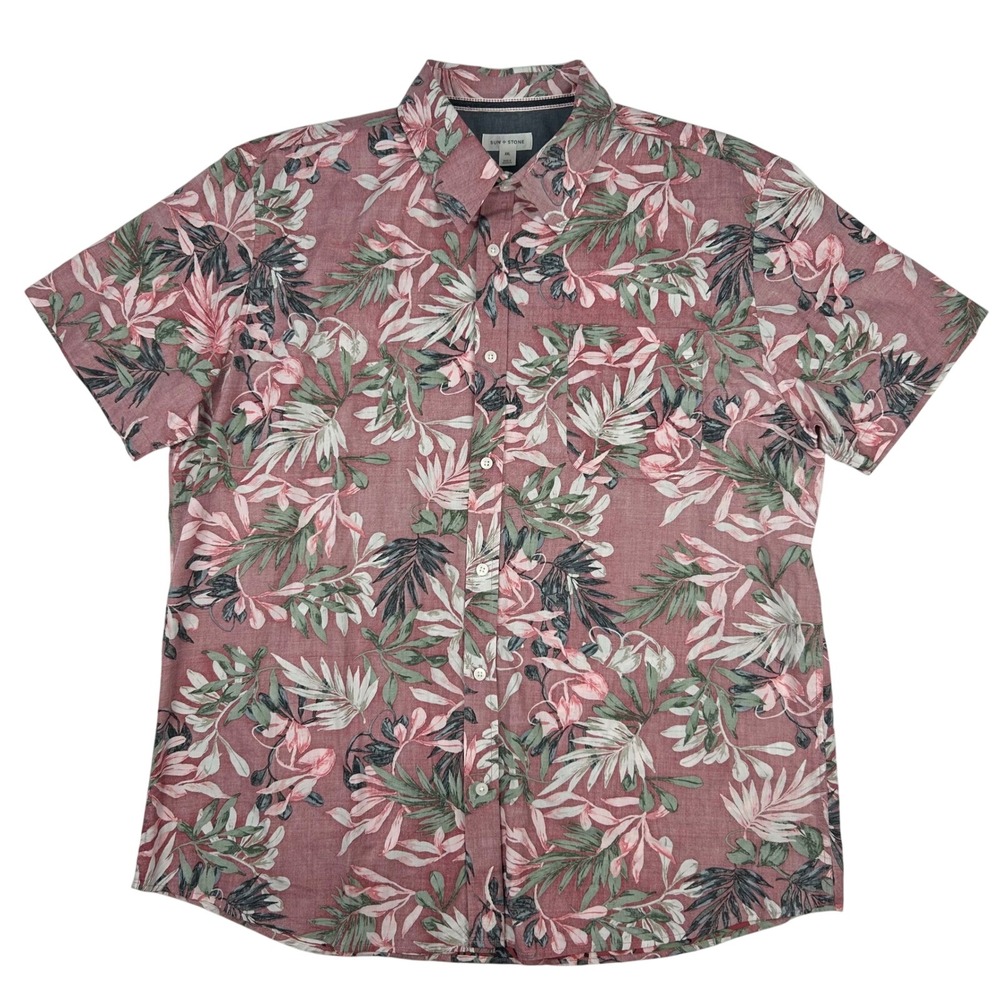 Sun + Stone Mens XXL Short Sleeve Button Down Shirt‎ Tropical Floral Rose Cotton